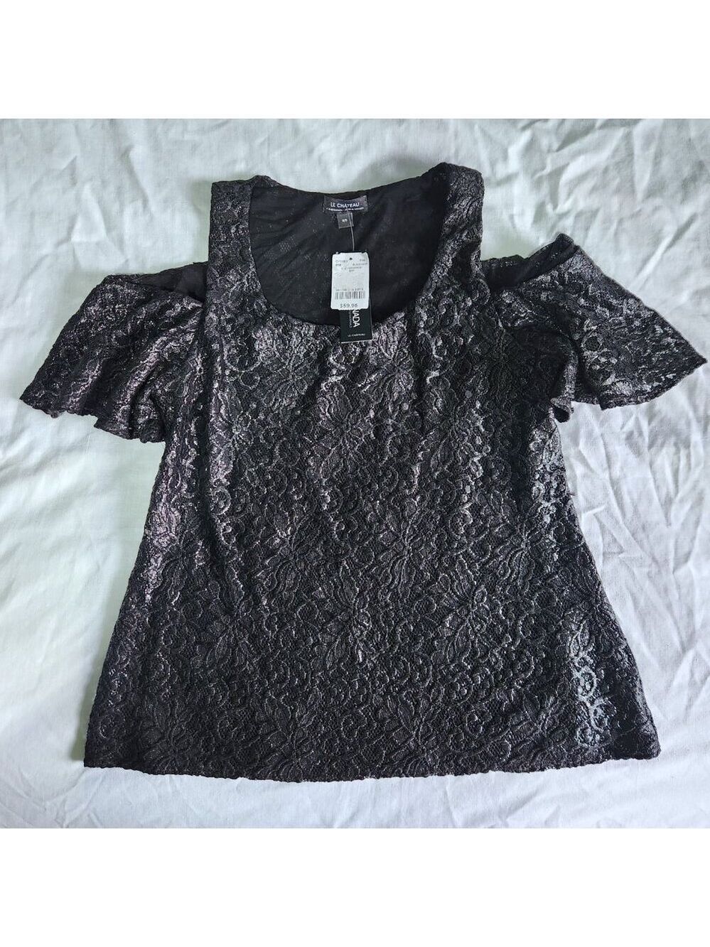 Le Chateau Womens Size Small Black Floral Lace Cold Shoulder Flutter Top NWT - Picture 7 of 12